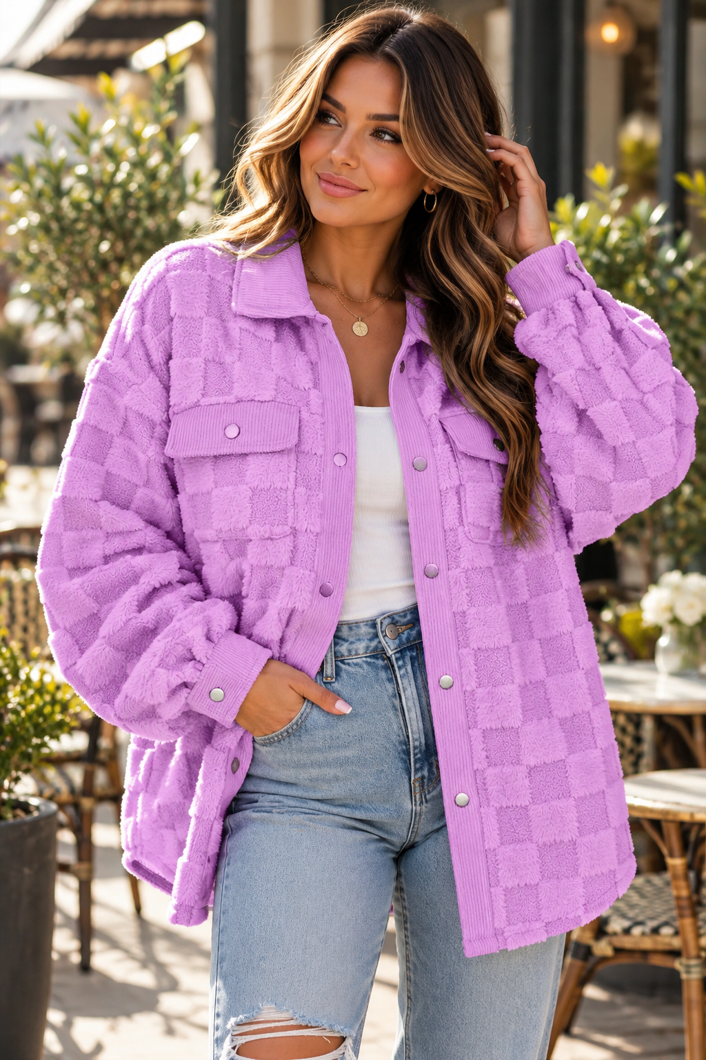 Double Take Button Up Fuzzy Checkered Jacket