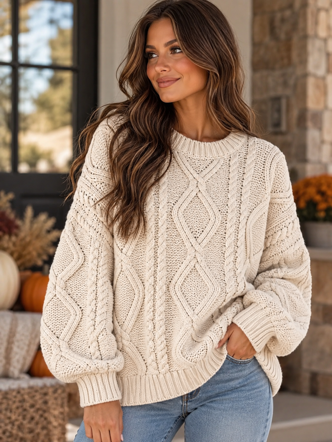 Full Size Cable-Knit Round Neck Sweater Plus Size