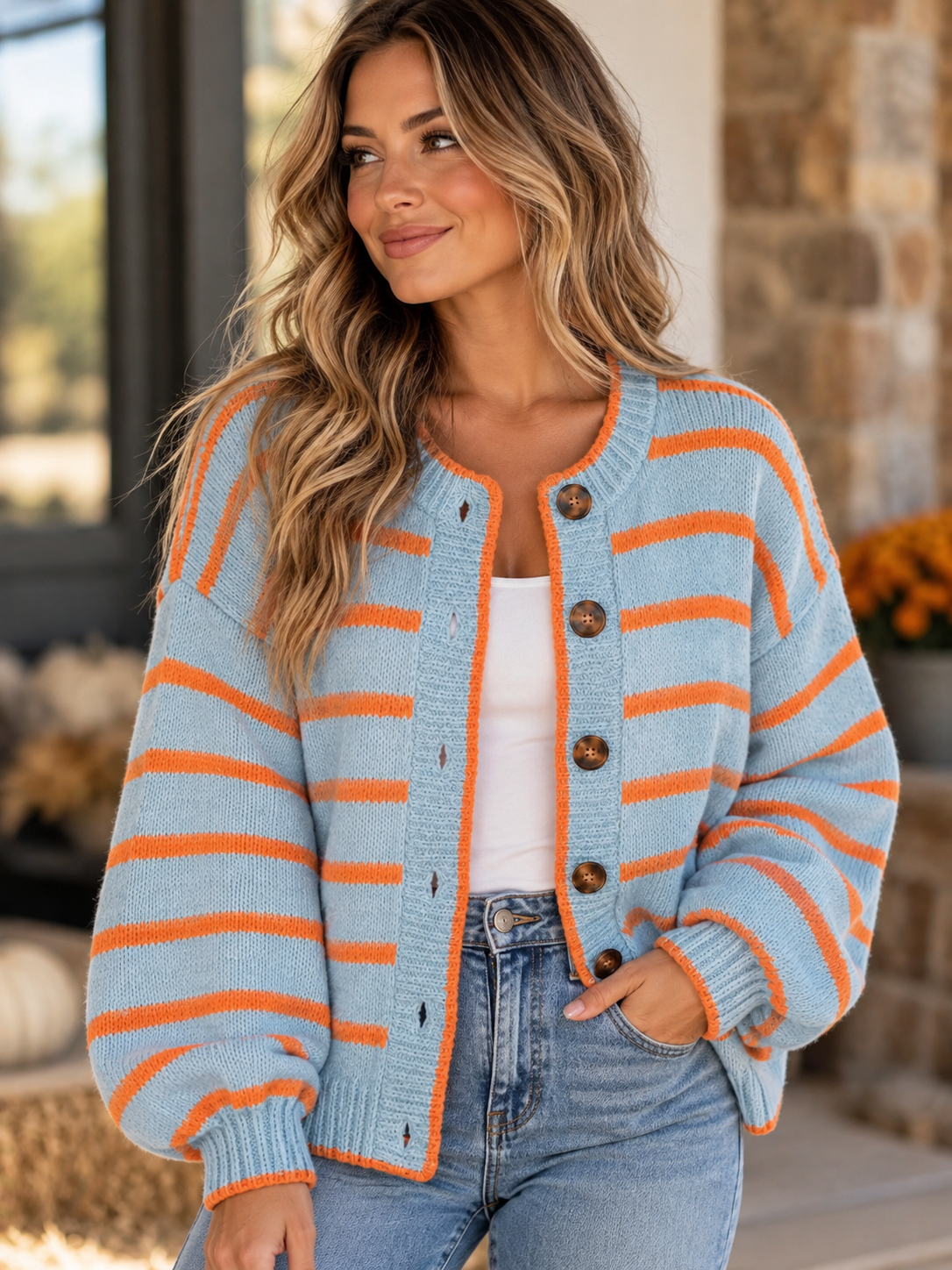 Striped Button-Down Knit Cardigan