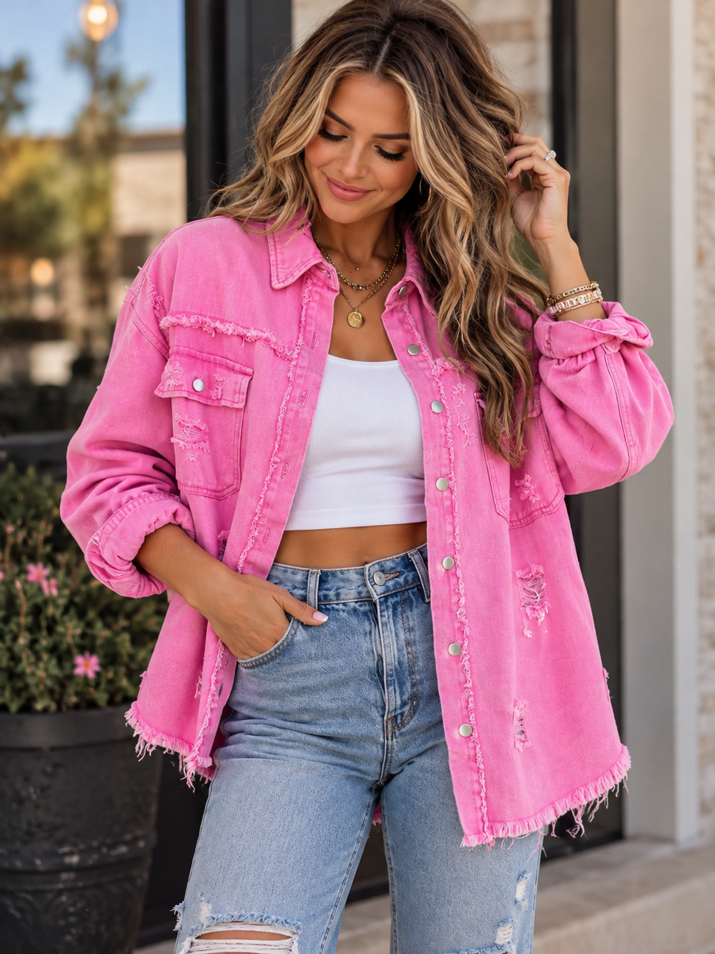 Distressed Drop Shoulder Denim Jacket